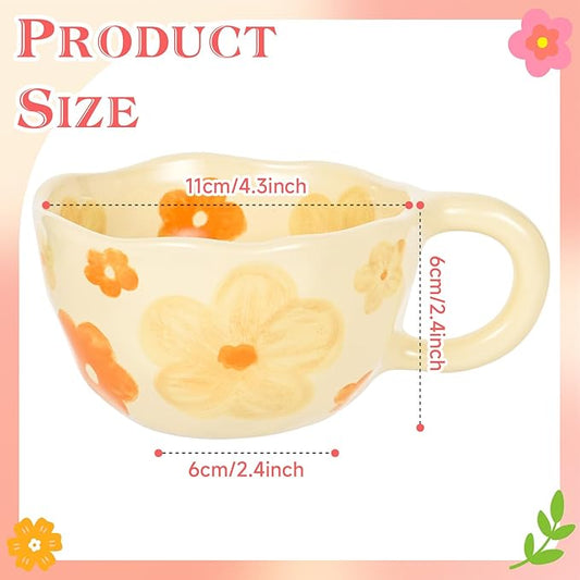 Ceramic Coffee Mug Vintage Flower Mugs 8 oz Cute Floral Coffee Mugs Irregular Latte Art Cup Lead-free Porcelain Cups for Cappuccino, Cocoa (Orange Flowers)