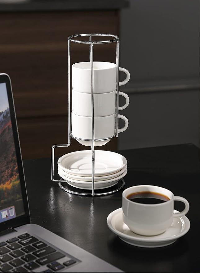 Sweese 4 Ounce Porcelain Stackable Espresso Cups with Saucers and Metal Stand Set of 4, White