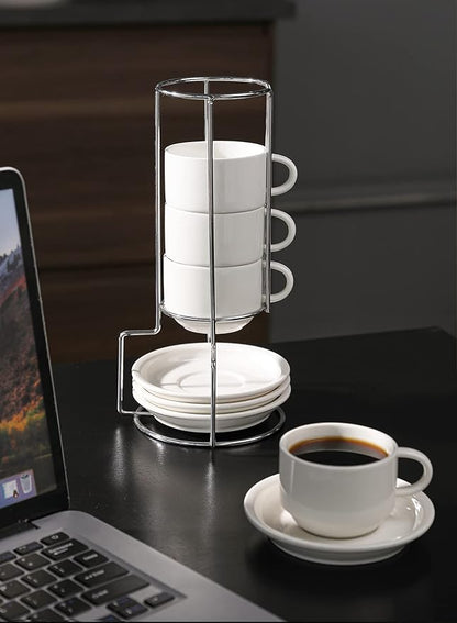 Sweese 4 Ounce Porcelain Stackable Espresso Cups with Saucers and Metal Stand Set of 4, White