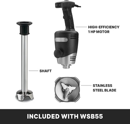 Waring Commercial Big Stix Heavy Duty Stick Immersion Hand Held Blender, 14" Removable Shaft, 1 HP, 750 Watt, Variable Speed Motor, Professional Restaurant Grade, 15 Gal Capacity, 120V, 5-15P WSB55, Black/Silver