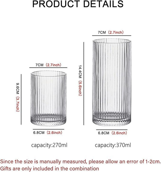 INSETLAN Glass Cups Vintage Glassware Set of 4 Large, Origami Style Transparent Cocktail Glasses Set, Bar Beverages Ice Coffee Cup Juice Ripple Drinkware, 370ml (L)