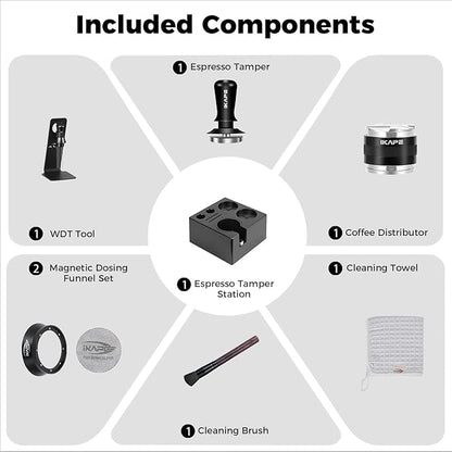 IKAPE 53MM Black Espresso Tool Set 8 IN 1, Coffee Tamper, Distributor, Magnetic Funnel, Puck Screen, Tamper Station, Stirrer Distribution Tool, Cleaning Towel and Brush