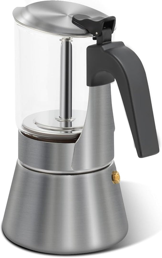 Grasseed Stainless Steel Moka Pot, Crystal Glass-top Coffee Maker Mocha Pot, Italian Stovetop Espresso Maker for Coffee - 9 Cup/360ml