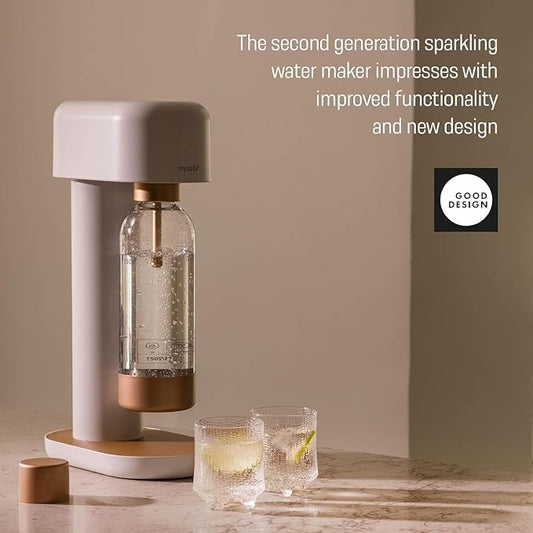 Mysoda Ruby 2 Sparkling Water Maker - Soda Streaming Machine Silent Carbonated Water Machine Robust Long-Lasting Aluminium Soda Maker 1L Water Bottle Without CO2 Cylinder - White Copper Soda Machine