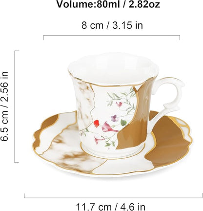 fanquare 2.5 Ounce Demitasse Cup and Saucers, 12 Pieces Ceramic Espresso Cups Set of 6, Brown Marble Pattern Espresso Mugs for Coffee Bar Home