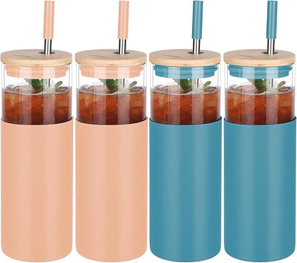 Glass Tumbler w/Lids & Straw - 24oz Reusable Mug w/Bamboo Lid & Stainless Steel Straw - BPA-Free, Leak-Proof, Dishwasher Safe for Coffee, Smoothies, Hot Beverages, Travel, Office, Home Use，4-PK
