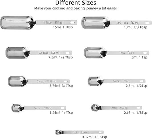 Stainless Steel Measuring Spoons - 10 Piece Set, Metric & US, Long Handle, Ideal for Kitchen & Baking, Includes 1/16Tsp & 2/3Tbsp for Spice Jars