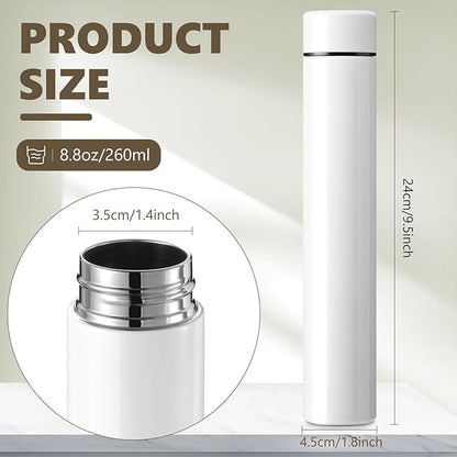 Vesici 1 Pack Slim Water Bottle 8.8 oz Small Stainless Steel Purse Compact Insulated Water Bottles Camping Travel Backpack Pocket Flask for Car Cold Coffee Tea (White)