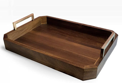 Decorative Acacia Wood Ottoman Tray - Coffee Table Tray - Breakfast, Party, Drinks, Snack, Liquor Serving Platter - Farmhouse to Modern - Brass Handles (Varnish)