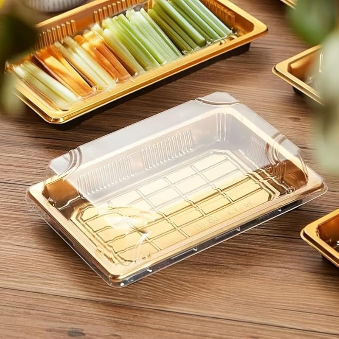 10 Pack Gold Rectangular Sushi Containers with Clear Lids – Disposable Plastic Food Boxes for Party, Takeout & Catering – Elegant, Stackable Trays for Sushi, Snacks & Desserts(Model No.1105)