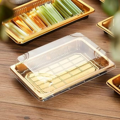 10 Pack Gold Rectangular Sushi Containers with Clear Lids – Disposable Plastic Food Boxes for Party, Takeout & Catering – Elegant, Stackable Trays for Sushi, Snacks & Desserts(Model No.1101)