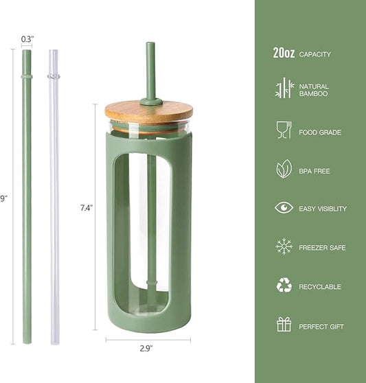 Kodrine 20oz Glass Tumbler with Straw and Lid, Iced Coffee Cups with Bamboo Lids, Glass Cups for Cold Drinks, Smoothie Cup with Silicone Sleeve for Travel, Work, BPA FREE-Olive-2pack