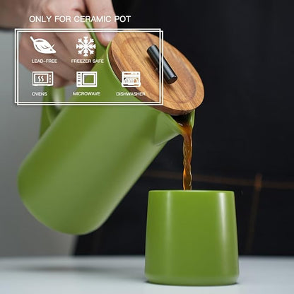 DHPO Ceramic French Press Coffee Maker, 22 Ounce Coffee Press Manual Brewer with Walnut Wood Lid, Premium Food Grade Stainless Steel Filter with Dual Screen for Coffee and Loose Tea, Gift Box, Green