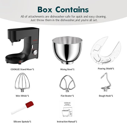 COOKLEE Stand Mixer, 9.5 Qt. 660W 10-Speed Electric Kitchen Mixer with Dishwasher-Safe Dough Hooks, Flat Beaters, Wire Whip & Pouring Shield Attachments for Most Home Cooks, Silver