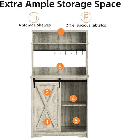 Farmhouse Coffee Bar with 3 Tier Storage Hutch, 56 Inch Small Coffee Station with 6 Hooks, Corner Bar Table with Adjustable Shelves for Living Dining Room (Grey)