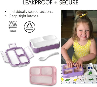 Kids Glitter Snack Container - Mini Bento Lunch-Box, Small Leakproof Container Boxes for Toddlers Girls Snacks Lunches, 3 Compartment - School Daycare Portion Containers, Pink Purple Sparkle Set of 2