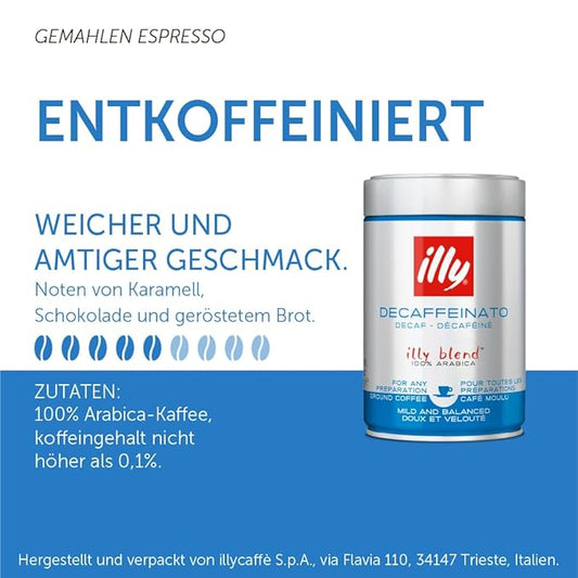 illy Ground Coffee Espresso - 100% Arabica Beans – Classico Decaf Roast - Notes of Caramel, Toasted Bread & Chocolate - Rich Aromatic Profile - No Preservatives – 8.8 Ounce