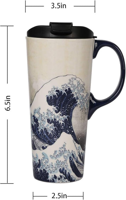 Topadorn Ceramic Travel Mug Porcelain Coffee Cup with Spill-proof Lid and Box, 17 Oz.