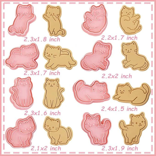 8pc 3D Cute Cat Cookie Stamps, Cupcake Pancake Apple Pie Pastry Biscuit Molds, Fruit & Sandwich Cutter Set for Cat Party Decorations