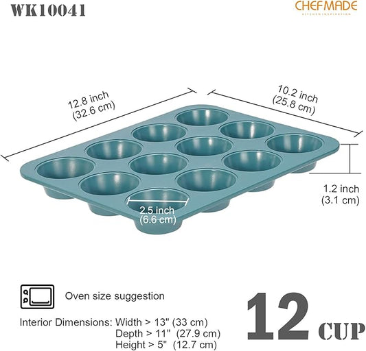 CHEFMADE Muffin Pan, 12 Cups Non-Stick Cupcake Baking Pan Heavy Duty Carbon Steel Pan Muffin Tins Standard Baking Mold for Cakes（Green）