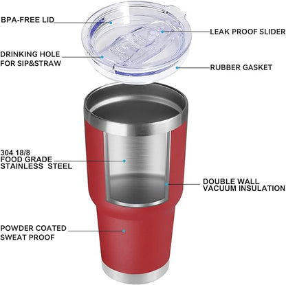 DOMICARE 30 oz Tumbler with Lid and Straw, Stainless Steel Tumblers Bulk, Insulated Vacuum Double Wall Travel Coffee Mug, Durable Powder Coated Tumbler Cups (Red, 4)