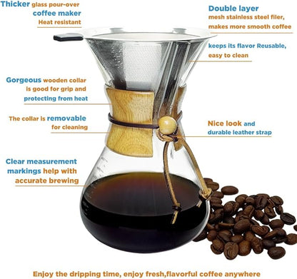Subjectthree Coffee Pour Over 8 Cup Coffee Maker Glass Coffee Dripper Carafe Pot with Filter for Home Office Camping Easy Clean (8 Cup/28 oz)