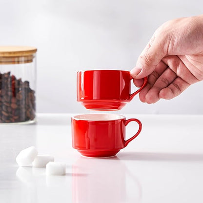 2.5 Ounce Porcelain Espresso Cups with Saucers and Silver Stand, Red Stackable Cups Set of 4