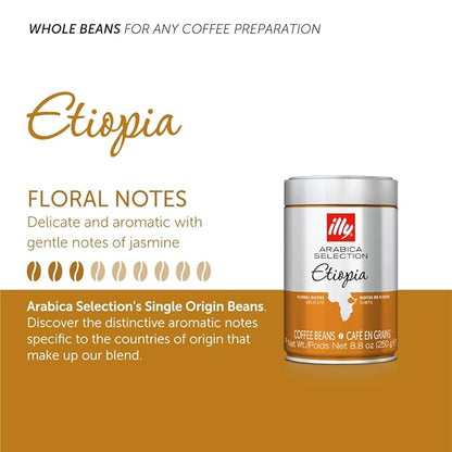 illy Arabica Selections Ethiopia Whole Bean Coffee, 100% Arabica Bean Single Origin Coffee, Light Roast with Notes of Jasmine, All-Natural, No Preservatives, 8.8 Ounce Can (Pack of 1)