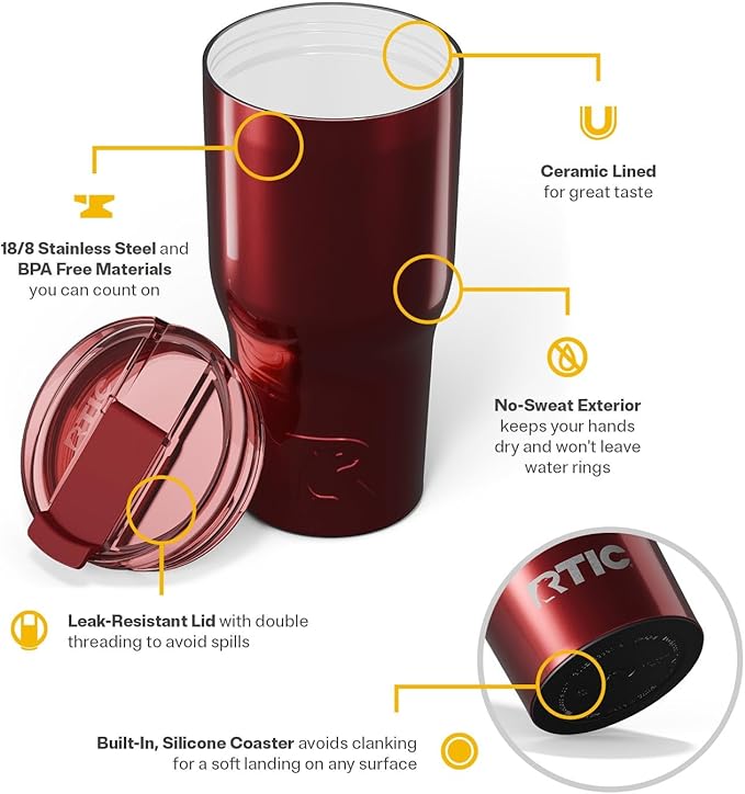 RTIC 30oz Essential Tumbler with Lid, Insulated, Stainless Steel, Metal, Double Wall Vacuum-Insulation, Ceramic Lined, Travel Cup for Iced Coffee, Tea, Hot and Cold Drink, Black Cherry Metallic