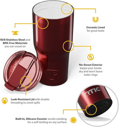 RTIC 30oz Essential Tumbler with Lid, Insulated, Stainless Steel, Metal, Double Wall Vacuum-Insulation, Ceramic Lined, Travel Cup for Iced Coffee, Tea, Hot and Cold Drink, Black Cherry Metallic