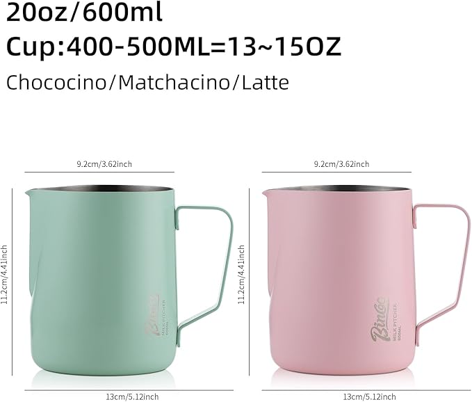 Milk Frothing Pitcher - 600ml/20oz Milk Frother Cup Espresso Steaming Pitcher for Barista, Bincoo SUS304 Stainless Steel Espresso Steaming Pitchers for Latte Art/Cappuccino/Coffee/Milk (Green-600ml)