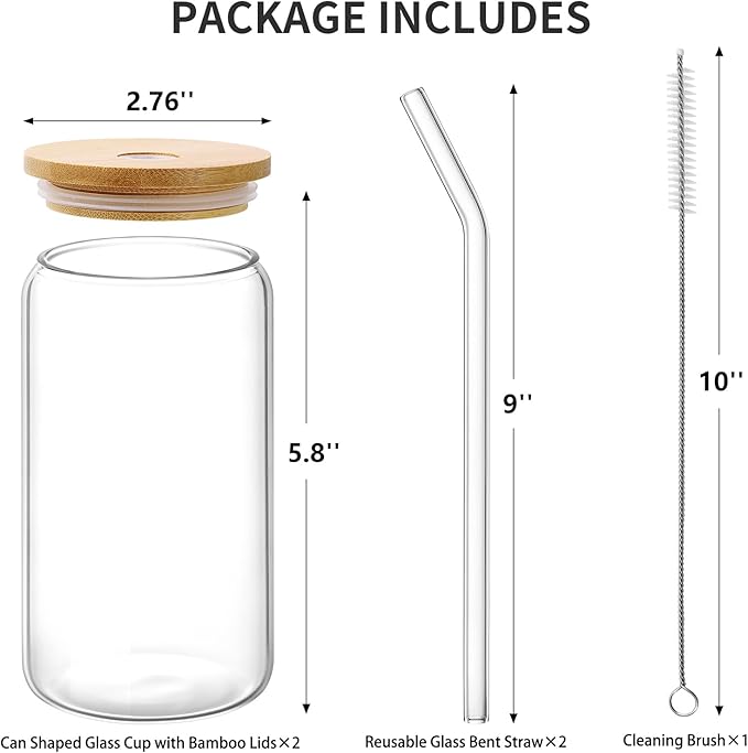 Glass Cups with Lid and Straw, 16oz Beer Glasses Glass Coffee Cups, Iced Coffee Cups with Lid, Glass Tumbler with Straw and Lid (2 PACK)