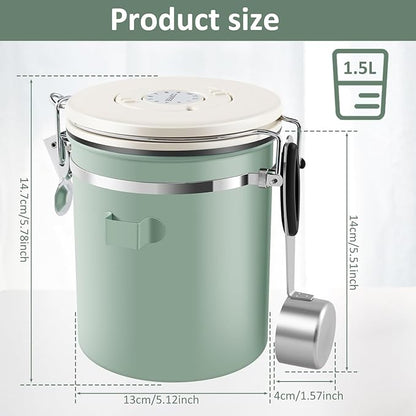 3Pcs Coffee Storage Canister 1.5L Double Airtight Coffee Beans Container with Date Locator 304 Stainless Steel Kitchen Food Storage Container with Spoon for Coffee Beans Grounds Tea,Green Sugar,Green