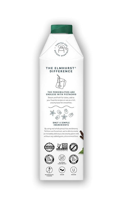 Elmhurst 1925 Vanilla Pistachio Milk Unsweetened - 32 Ounce (Pack of 6) Dairy-Free, Vegan, Kosher, Shelf Stable Milk Made w/Vanilla, Water & Pistachio for Healthier, Simpler Plant-Based Alternatives