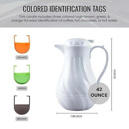 OCS Parts Easy Pour Thermal Coffee Carafe | 10-Inch Insulated Hot and Cold Beverage Pitcher Server for Coffee, Tea, Hot Chocolate and Water with Colored Tags for Easy Idenfication | 42-Ounce | White