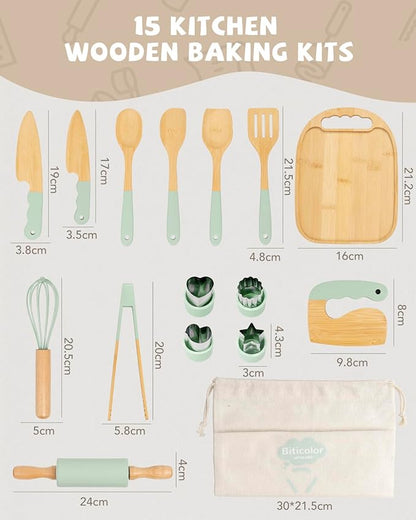 Wooden Kids Cooking Set Montessori Kit - Real Toddler Kitchen Tools & Baking Utensils - 15PCS Cooking Kit for Kids with Storage Bag, Great Gift for Pretend Play & Montessori Learning (Green)