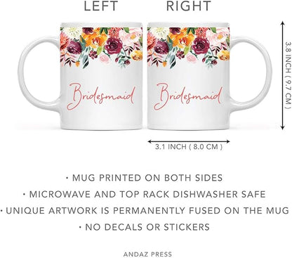Andaz Press 11oz. Wedding Ceramic Coffee Tea Mug Gift, Fall Autumn Burgundy Orange Peach Flowers Roses Florals, Bridesmaid, 1-Pack, Includes Gift Box
