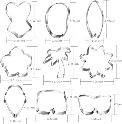 Beach Cookie Cutter Set-9 Piece-Flip Flop, Sunglasses, Sun, Ice Cream, Palm Tree, Bathing Suit, Tropical Flower, Surfboard-Diswasher Safe-Summer Cookie Cutters Shapes for baking