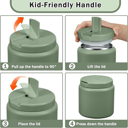 26oz Kids Jar for Hot Food, Insulated Vacuum Food Jar with Buckle Lid, Stainless Steel Wide Mouth Leak Proof Insulated Lunch Container for School Picnic Travel, Green