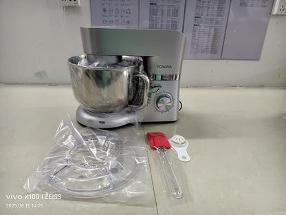 Stand Mixer, POWWA 7.5 Quart Electric Mixer, 6+1 Speed 660W Tilt-Head Kitchen Food Mixers with Whisk, Dough Hook, Mixing Beater & Splash Guard for Baking, Cake, Cookie (Silver-with Handle)