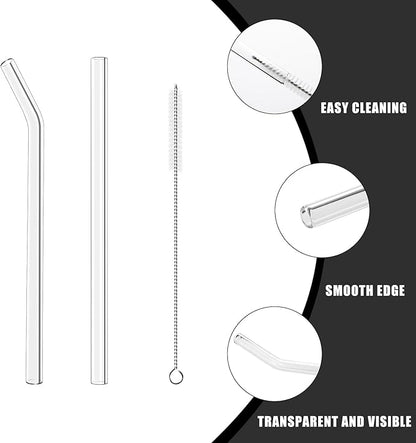 Lazycorner Reusable Glass Straws Set 16 Pcs 8.5''x 10MM Bent Straight Clear Glass Drinking Straws Set of 8 Straight and 8 Bent with 4 Cleaning Brushes Perfect For Smoothies, Tea, Juice-Clear Cocktail.
