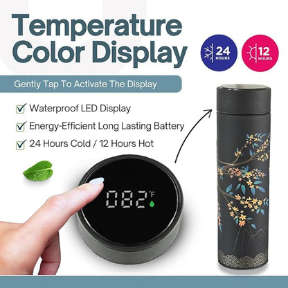 Farasi Tea Infuser for Loose Leaf Tea Smart Water Bottle with Fahrenheit Temperature Display, Stainless Steel, Insulated Coffee and Fruit Tea Infuser Bottle - Black Floral Tea Mug 15 oz