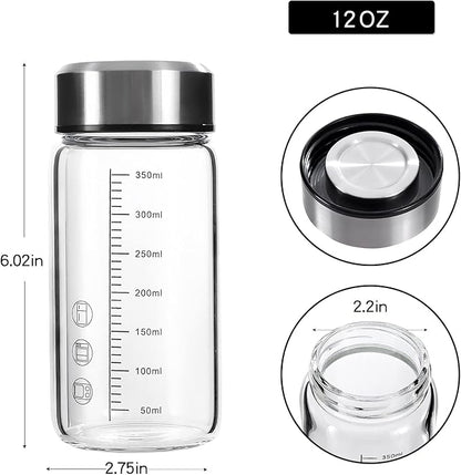 12Oz Glass Water Bottle with Lid and Sleeve,0.15in/3.8mm Thick Glass Shaker Bottles for Protein Mixes,Juicing,Smoothies, Infused Water,Beverage,Wide Mouth Small Reusable Coffee Bottle