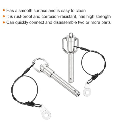 uxcell 2 Pcs Quick Release Pin, 3/8" x 1.77"(Dia. x L) Push-Button Ball Locking Pin 304 Stainless Steel Ring Handle Locking Pin with Wire for Audio Bimini Top Marine, Silver