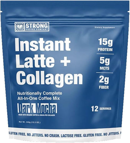 STRONG COFFEE COMPANY Instant Cacao Latte - 15g Protein, Instant Protein Coffee with Collagen, Adaptogens & Nootropics, No Crash, No Jitters, 12 Servings Bag
