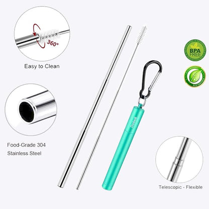2 Pack Reusable Metal Straws Collapsible Stainless Steel Drinking Straw Travel Portable Telescopic Straw with Case,2 Cleaning Brushes Included Black/Turquoise