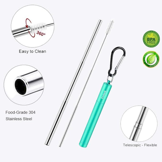 2 Pack Reusable Metal Straws Collapsible Stainless Steel Drinking Straw Travel Portable Telescopic Straw with Case,2 Cleaning Brushes Included Black/Turquoise