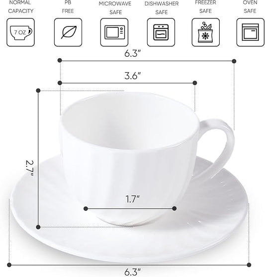 Fine Bone China Cappuccino Mugs Set of 4, 7 Oz Spiral Pattern Lightweight Ceramic, Art Coffee Cups with Saucers, for Latte, Mocha, Tea, Espresso, Macchiato, Americano