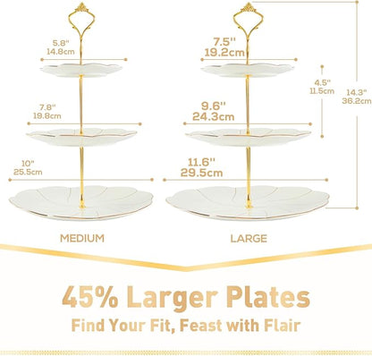 DUJUST Luxury Larger 3-Tier Cupcake Stand Tower, British Style Porcelain Serving Tray with Golden Trim, Food Grade Dessert Display Stand for Tea Party & Home Décor - 45% Larger Plates