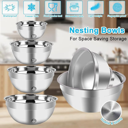 Hand Mixer Electric Mixing Bowls Set, 5 Speeds Handheld Mixer with 4 Nesting Stainless Steel Mixing Bowl, Measuring Cups Spoons 200W Kitchen Blender Whisk Beater Baking Supplies For Beginner